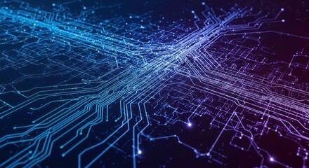 Abstract glowing blue and purple circuit board lines on dark background