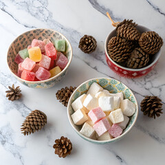 Turkish delights and marshmallows in small bowl