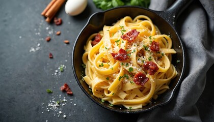 Fettuccine pasta carbonara served in black pan with crispy bacon bits and grated parmesan cheese. Fresh herbs sprinkle adds color to this classic Italian dish.