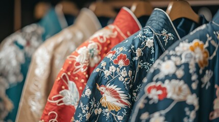 Close-up of embroidered robes worn during a traditional ceremony, with delicate patterns and bright colors