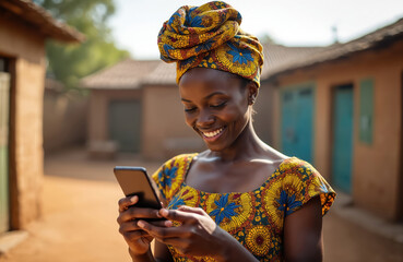 Smiling African woman in bright headwrap, dress uses smartphone outdoors. Rural village background, shows digital connection, daily life communication. Happy female with mobile phone connects with