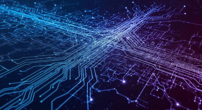 Abstract glowing blue and purple circuit board lines on dark background - Powered by Adobe