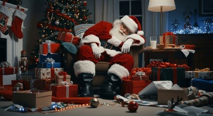 Tired Santa sleeping in chair after busy gift night