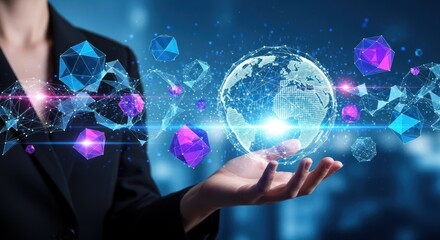 Business person holding glowing digital globe and geometric shapes.
