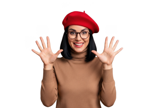 Smiling woman with red beret, glasses, and brown turtleneck showing hands gesture stock photo isolated on transparent background
