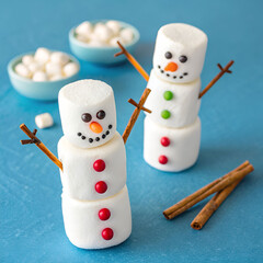 two happy funny marshmallow snowmen marshmallow