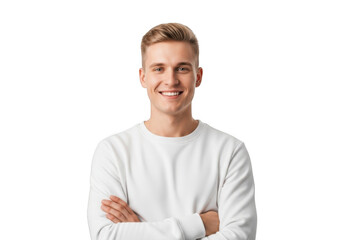 Smiling blond man portrait with arms crossed wearing white sweater stock photo, png cutout, transparent background, isolated on transparent background