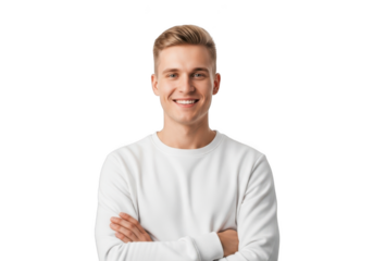 Smiling blond man portrait with arms crossed wearing white sweater stock photo, png cutout, transparent background, isolated on transparent background
