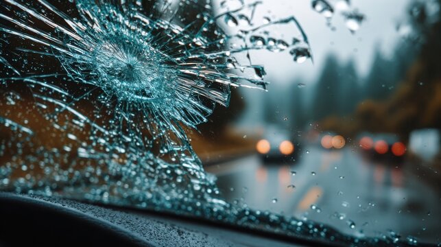 Cracked windshield with raindrops and blurred traffic lights during rainy drive