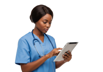 Professional african american female nurse using digital tablet in blue scrubs, healthcare professional isolated on transparent background