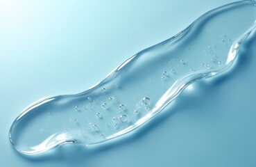 Transparent cosmetic serum gel with hyaluronic acid and oxygen bubbles spreads across a light blue background. This liquid product represents wellness and beauty.