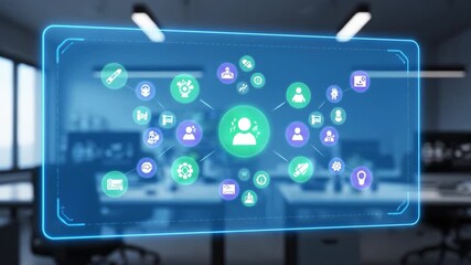 Virtual office AI interface glowing with analytics icons and digital communication, showcasing futuristic technology and data visualization in modern workspace with holographic blue and green tones - Powered by Adobe