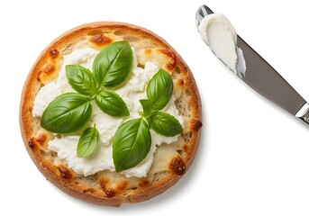 Delicious appetizer with cream cheese and fresh basil on a cracker