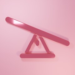 Pink Seesaw icon isolated on pink background. Teeter equal board. Playground symbol. Minimalism concept. 3D render illustration