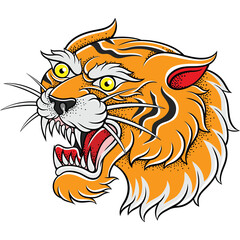 Fierce Orange Tiger Head With Yellow Eyes Baring Teeth And Sharp Claws Roaring Aggressively With Black Stripes And Red Accents Traditional Tattoo Style Stippling Detail On A Transparent Background