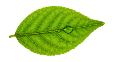 A crisp and vibrant green leaf holding a single pure water drop, showcasing detailed veins and texture, isolated on transparent background