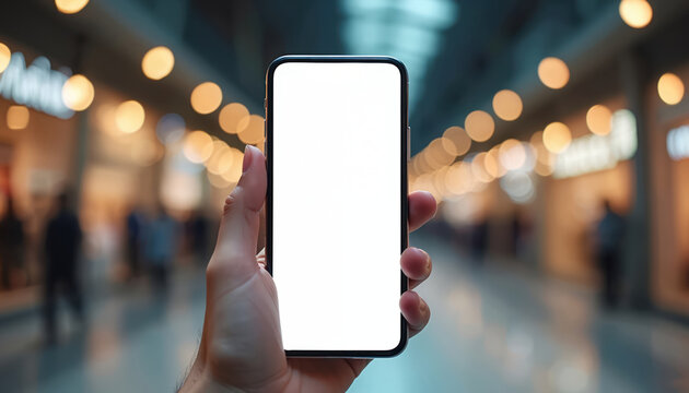 Hand holds modern smartphone with blank white screen. Blurred background shows indoor mall lights and shoppers. Use for app ads or tech themes.