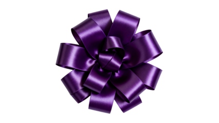 Purple ribbon bow with shiny finish placed on a white background for decorative purposes