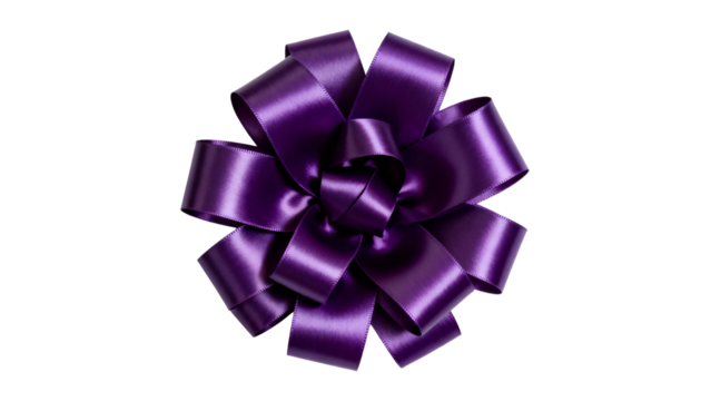 Purple ribbon bow with shiny finish placed on a white background for decorative purposes