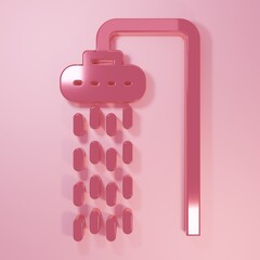 Pink Shower head with water drops flowing icon isolated on pink background. Minimalism concept. 3D render illustration