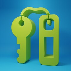 Green Hotel door lock key with number tag icon isolated on blue background. Minimalism concept. 3D render illustration