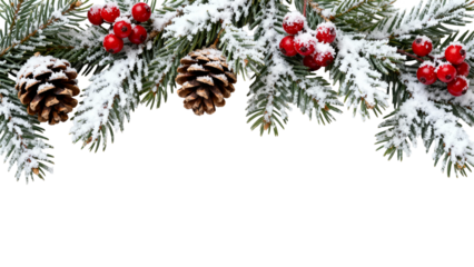 Winter foliage with snow, pine cones, and red berries creates a festive atmosphere for holiday celebrations and decorations