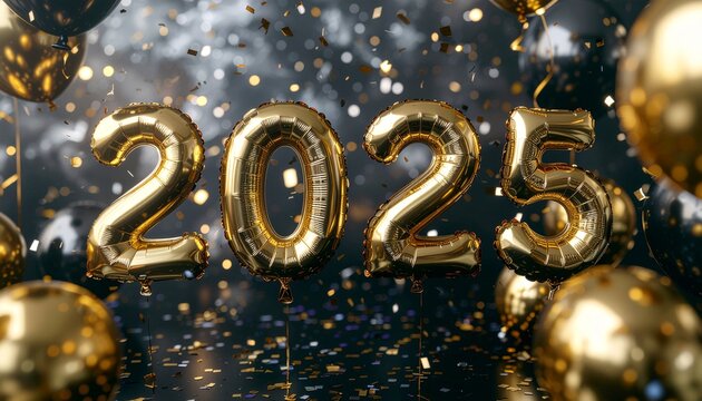 Celebrate 2025 with stunning gold balloons and confetti, perfect for New Year's Eve, milestone birthdays, or a shimmering event backdrop