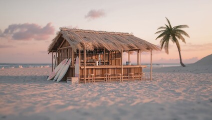Tropical Beach Bar with Surfboards and Palm Tree at Sunrise