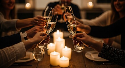 Joyful Celebration Group Gathered Around Candles and Glasses of Champagne toasting at Dinner Party Gathering and Evening Event Festive Atmosphere  Relaxed Time