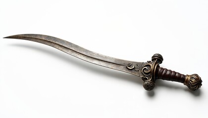 Obraz premium Ornate curved saber sword with ornate hilt rests on clean white surface. Antique weapon displays intricate metalwork and leather grip. Historical artifact.