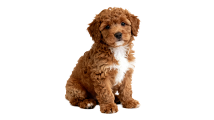 Cute curly-haired puppy sitting calmly against a plain background during a bright natural lighting session