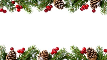 Holiday themed border with pine branches, cones, and red berries creating a festive atmosphere for seasonal events