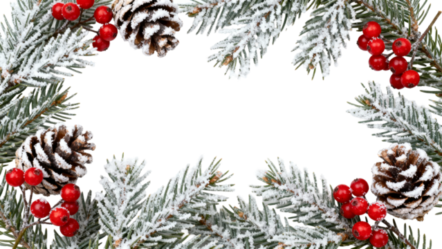Winter decoration featuring pinecones and red berries surrounded by frosted evergreen branches