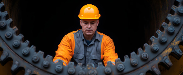 The worker performing maintenance on large construction equipment components feels focused and determined.