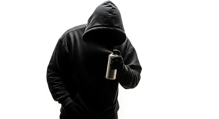 Silhouette hooded person holding a spray paint can, ready to create graffiti art, anonymous