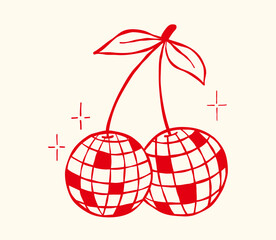 Disco ball cherry with stars. Hand drawn vector illustration. Whimsical mirror balls, doodle party or club symbol