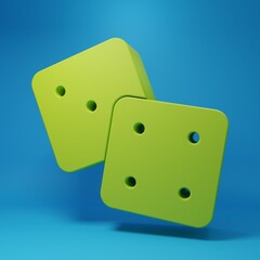 Green Game dice icon isolated on blue background. Casino gambling. Minimalism concept. 3D render illustration