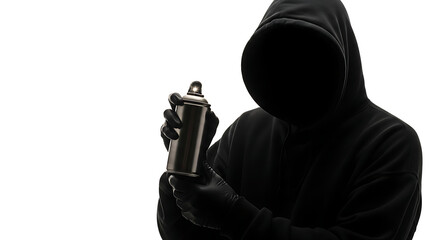 A mysterious figure in a black hoodie holds an aerosol spray can against a white background