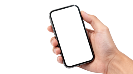 Smartphone held in hand, showcasing blank screen for potential apps or designs in a minimal setting