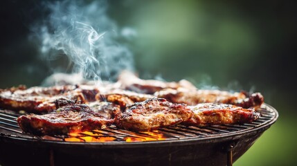Juicy seasoned meat sizzles over glowing hot coals on an outdoor cooking apparatus