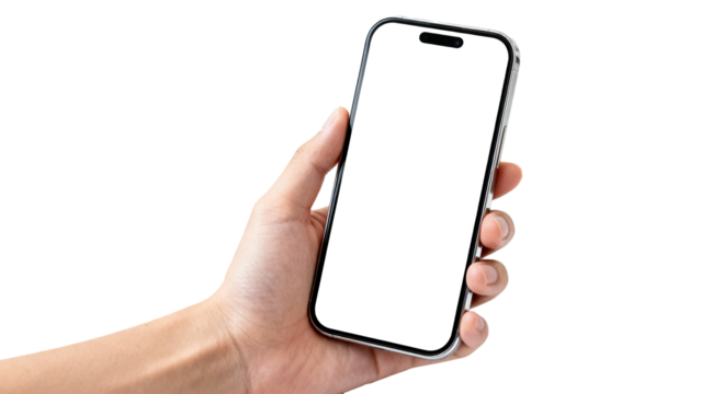 Blank smartphone held in hand with clear screen for showcasing app designs or digital content