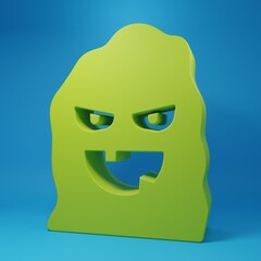 Green Funny and scary ghost mask for Halloween icon isolated on blue background. Happy Halloween party. Minimalism concept. 3D render illustration