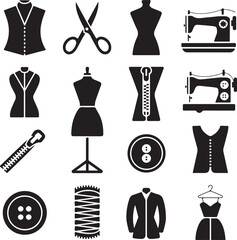 Sewing icons, tailoring tools, mannequin dummy, scissors cut, sewing machine, zipper fastener