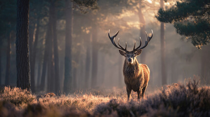 Majestic stag with large antlers standing in a misty forest glade at dawn, bathed in soft golden light and surrounded by pine trees and heather.