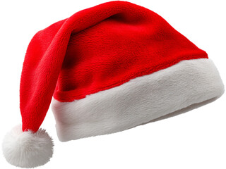 Red velvet Santa hat with fur trim isolated on transparent background. Perfect for Christmas celebration design.