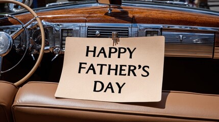 Handmade greeting card celebrating fatherhood rests on the dashboard of a vintage automobile
