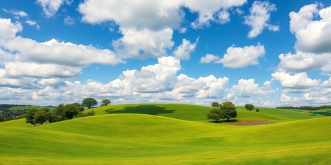 Rolling green hills under a vibrant blue sky dotted with fluffy white clouds, lush trees and grassy fields,  picture,  graphic