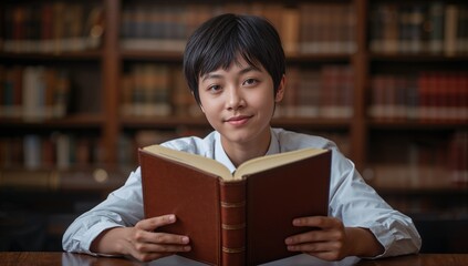Young Person Reading Book in Library with Bookshelves in Background