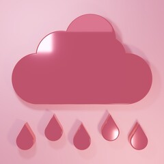 Pink Cloud with rain icon isolated on pink background. Rain cloud precipitation with rain drops. Minimalism concept. 3D render illustration