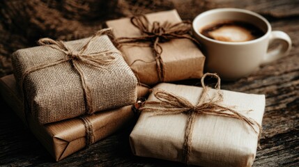 Stacked rustic presents tied with twine rest beside a mug of dark coffee on weathered wood